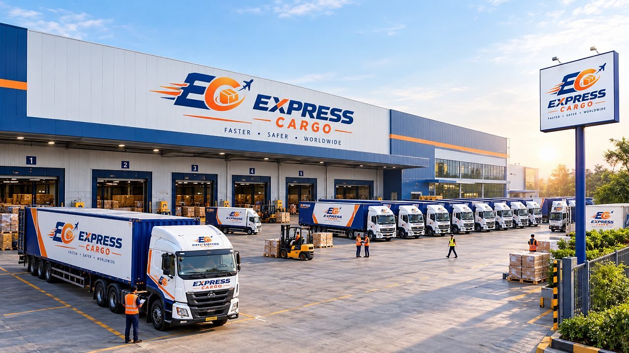 Express Cargo hub at golden hour with a container truck leaving the loading bays